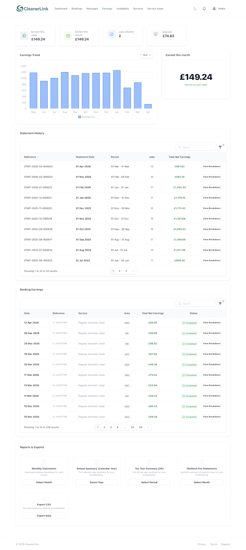 Track your cleaning earnings and completed jobs